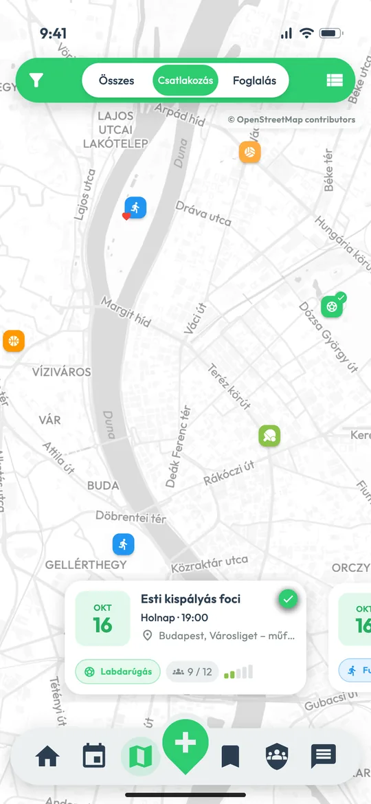 A Yousport app térképe sporteseményekkel és helyszínekkel