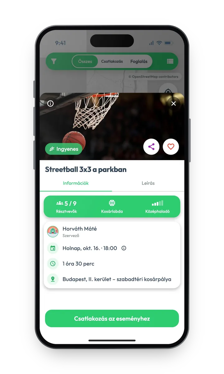 Yousport app: sportesemény részletei és csatlakozás az eseményhez egy koppintással