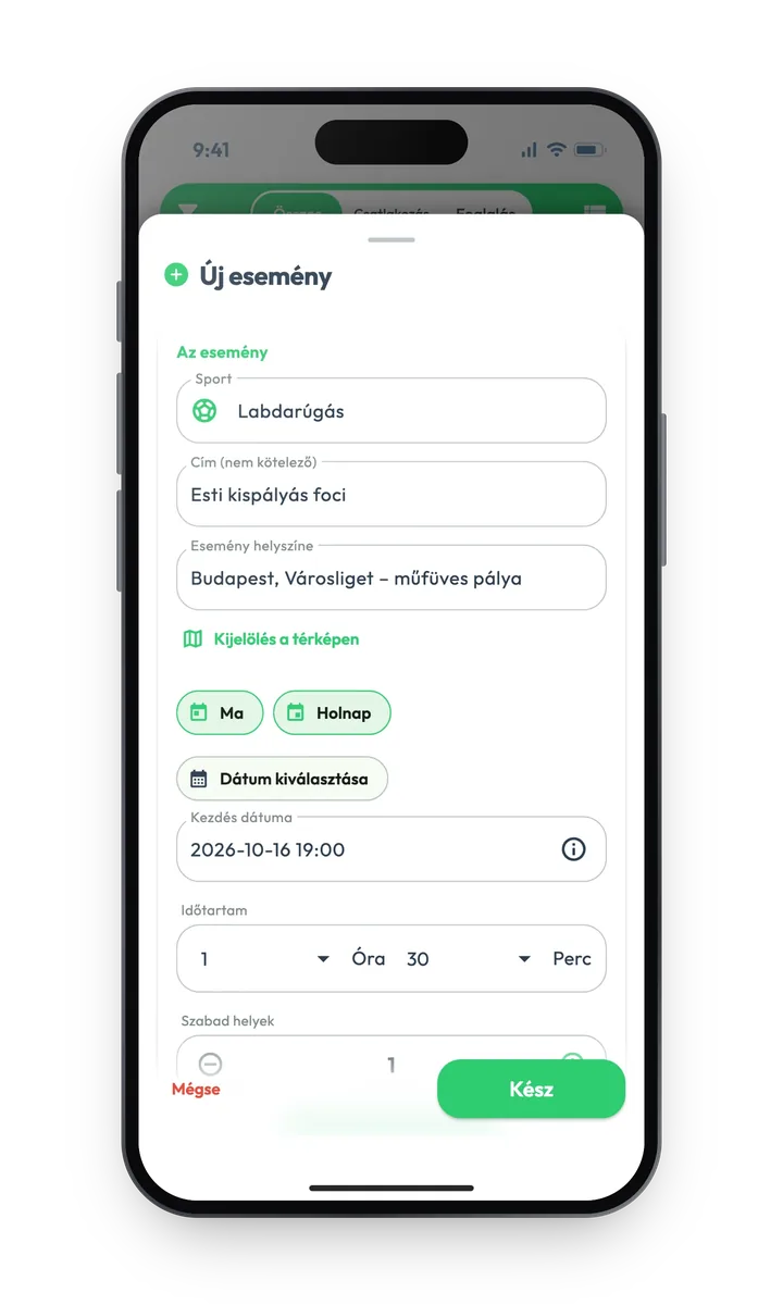 Yousport app: új sportesemény létrehozása sportággal, helyszínnel és időponttal