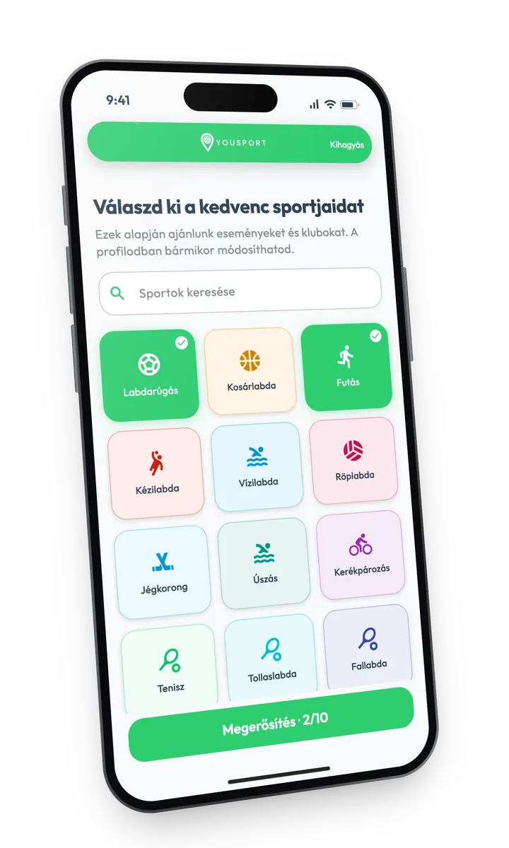 Yousport app: sportág kiválasztása a sporttárs kereséshez